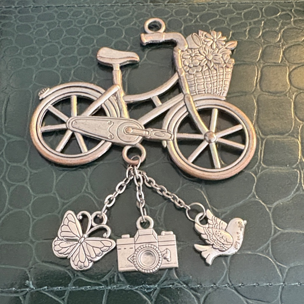 GANZ Silver-Tone Bicycle Charm Pendant with Floral Basket and Dangling Charms